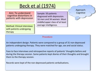 Beck et al (1974)
Aim: To understand
cognitive distortions in
patients with depression
Method: Clinical interviews
Method: Clinical interviews
with patients undergoing
with patients undergoing
therapy
therapy

Sample: 50 patients
Sample: 50 patients
diagnosed with depression.
diagnosed with depression.
16 men and 34 women. Most
16 men and 34 women. Most
middle/upper class of at least
middle/upper class of at least
average intelligence.
average intelligence.

Approach:
Approach:
Cognitive
Cognitive

Procedure
Procedure
An independent design. Patients were compared to aagroup of 31 non-depressed
An independent design. Patients were compared to group of 31 non-depressed
patients undergoing therapy. They were matched for age, sex and social status.
patients undergoing therapy. They were matched for age, sex and social status.
Face to face interviews and retrospective reports of patients’ thoughts before and
Face to face interviews and retrospective reports of patients’ thoughts before and
during the therapy session. Some patients kept diaries of their thoughts and brought
during the therapy session. Some patients kept diaries of their thoughts and brought
them to the therapy session.
them to the therapy session.
Records were kept of the non-depressed patients verbalisations.
Records were kept of the non-depressed patients verbalisations.

 