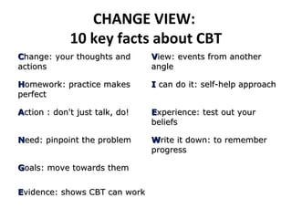 CHANGE VIEW:
10 key facts about CBT
Change: your thoughts and
actions

View: events from another
angle

Homework: practice makes
perfect

I can do it: self-help approach

Action : don't just talk, do!

Experience: test out your
beliefs

Need: pinpoint the problem

Write it down: to remember
progress

Goals: move towards them
Evidence: shows CBT can work

 