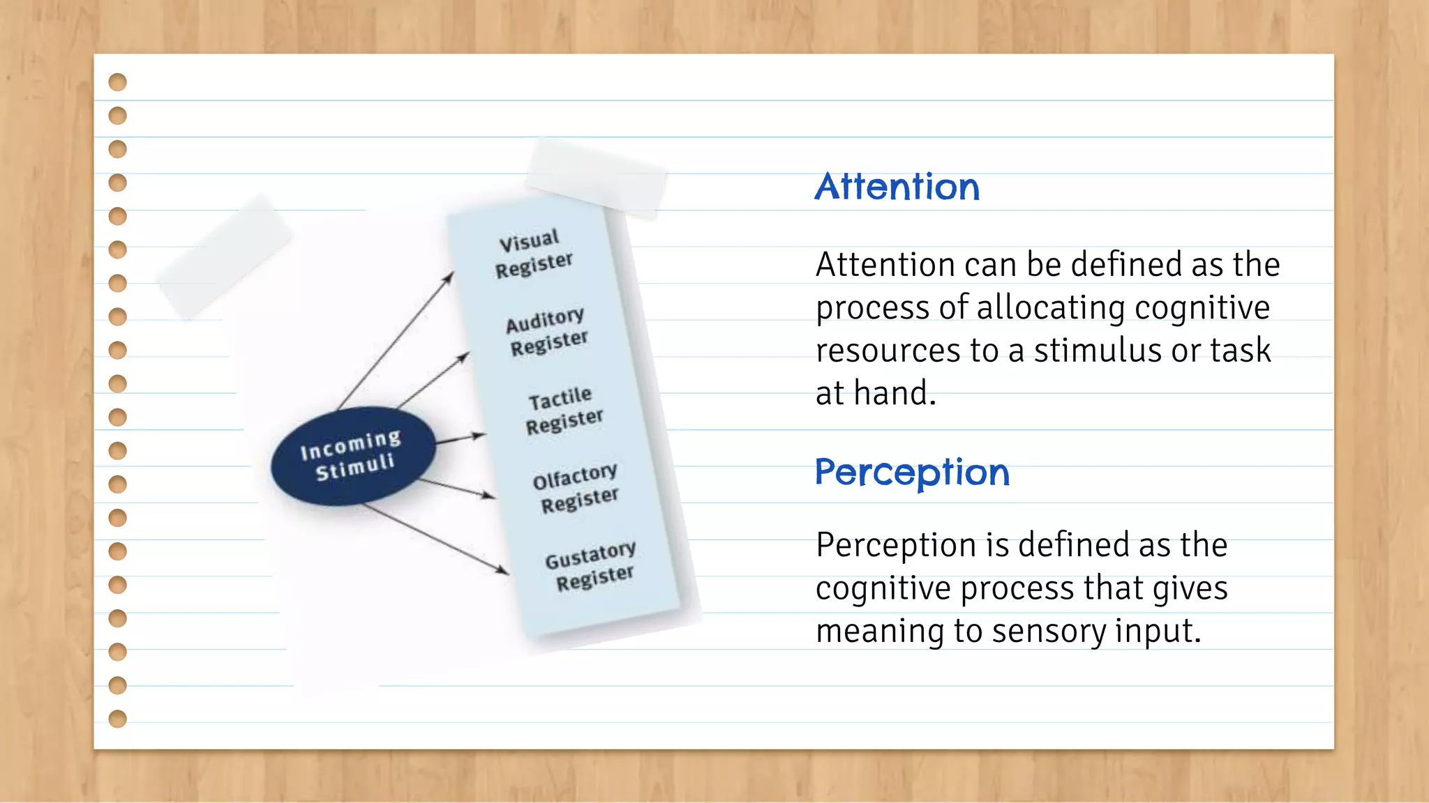 Attention can be defined as the
process of allocating cognitive
resources to a stimulus or task
at hand.
Perception
Perception is defined as the
cognitive process that gives
meaning to sensory input.
Attention
 