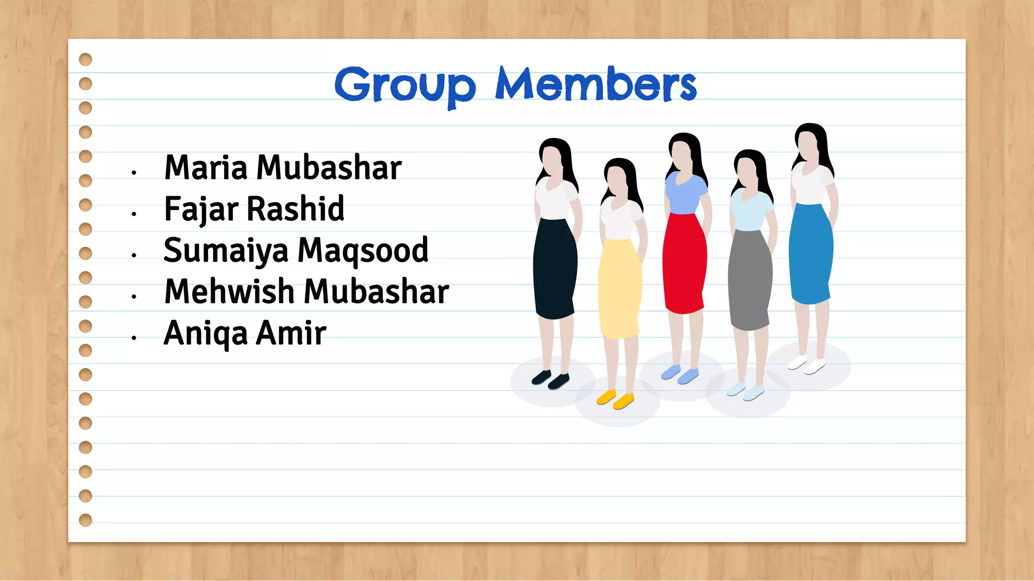 • Maria Mubashar
• Fajar Rashid
• Sumaiya Maqsood
• Mehwish Mubashar
• Aniqa Amir
Group Members
 