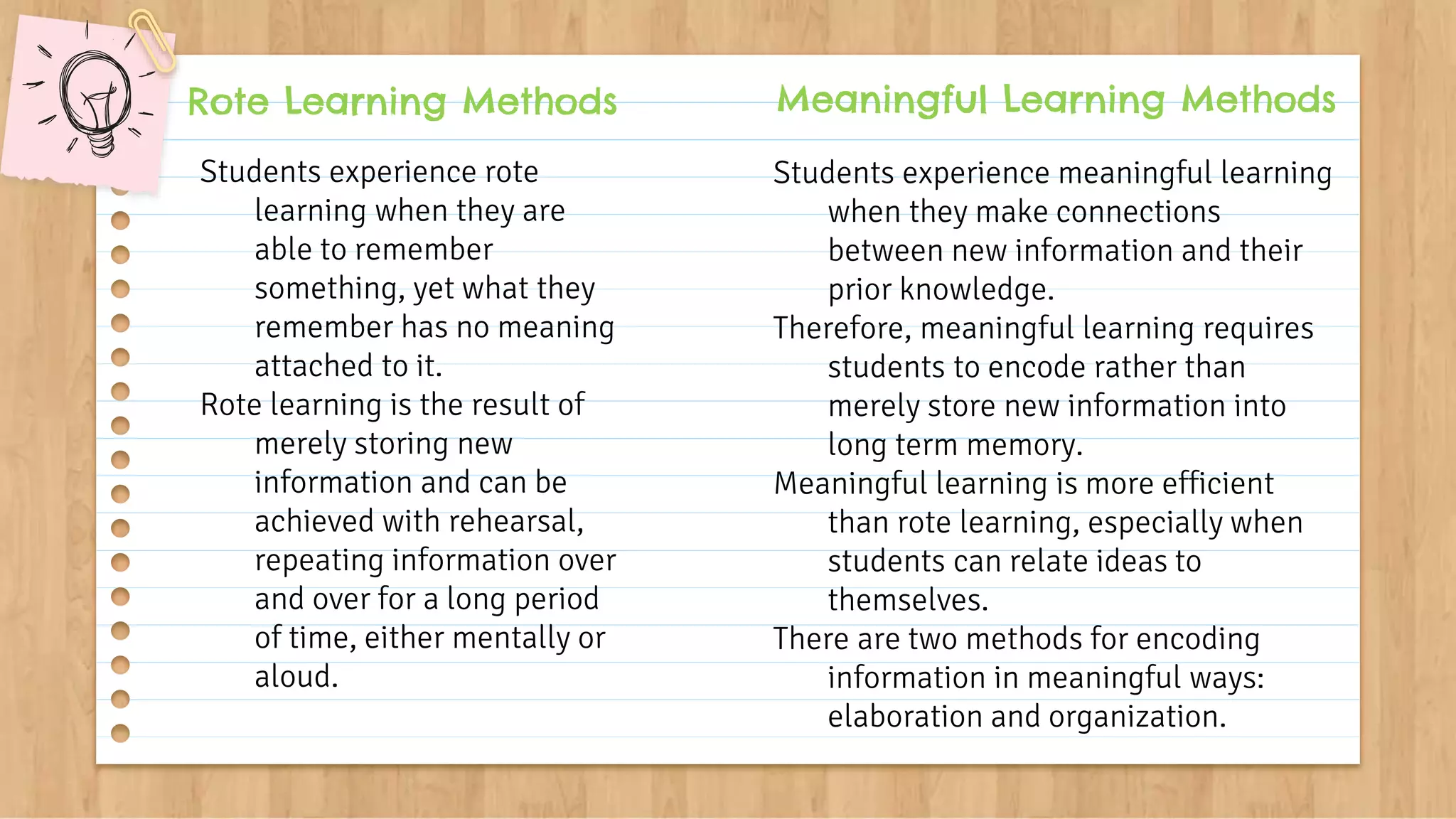 Meaningful Learning Methods
Students experience meaningful learning
when they make connections
between new information and their
prior knowledge.
Therefore, meaningful learning requires
students to encode rather than
merely store new information into
long term memory.
Meaningful learning is more efficient
than rote learning, especially when
students can relate ideas to
themselves.
There are two methods for encoding
information in meaningful ways:
elaboration and organization.
Rote Learning Methods
Students experience rote
learning when they are
able to remember
something, yet what they
remember has no meaning
attached to it.
Rote learning is the result of
merely storing new
information and can be
achieved with rehearsal,
repeating information over
and over for a long period
of time, either mentally or
aloud.
 
