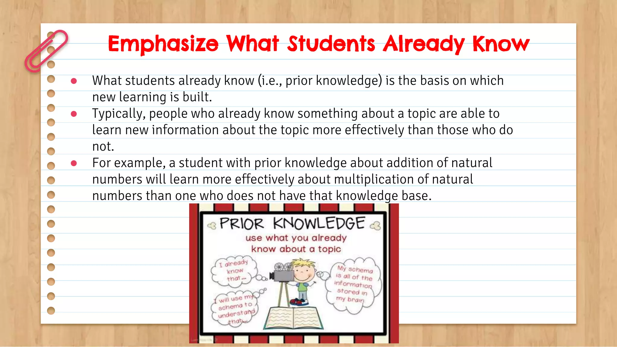 Emphasize What Students Already Know
● What students already know (i.e., prior knowledge) is the basis on which
new learning is built.
● Typically, people who already know something about a topic are able to
learn new information about the topic more effectively than those who do
not.
● For example, a student with prior knowledge about addition of natural
numbers will learn more effectively about multiplication of natural
numbers than one who does not have that knowledge base.
 