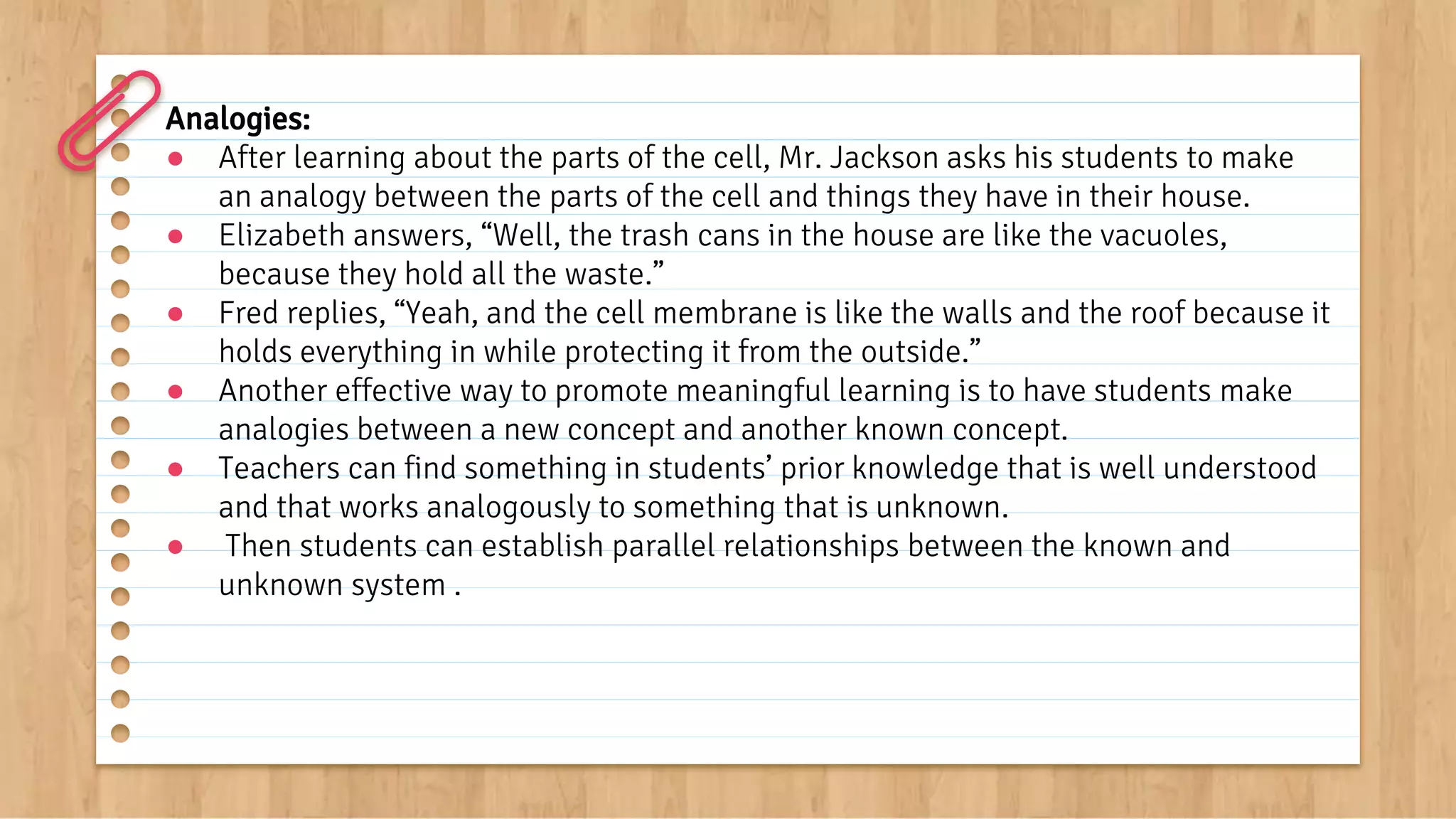 Analogies:
● After learning about the parts of the cell, Mr. Jackson asks his students to make
an analogy between the parts of the cell and things they have in their house.
● Elizabeth answers, “Well, the trash cans in the house are like the vacuoles,
because they hold all the waste.”
● Fred replies, “Yeah, and the cell membrane is like the walls and the roof because it
holds everything in while protecting it from the outside.”
● Another effective way to promote meaningful learning is to have students make
analogies between a new concept and another known concept.
● Teachers can find something in students’ prior knowledge that is well understood
and that works analogously to something that is unknown.
● Then students can establish parallel relationships between the known and
unknown system .
 