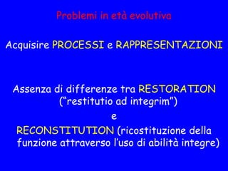 Problemi in età evolutiva
Acquisire PROCESSI e RAPPRESENTAZIONI
Assenza di differenze tra RESTORATION
(“restitutio ad integrim”)
e
RECONSTITUTION (ricostituzione della
funzione attraverso l’uso di abilità integre)
 