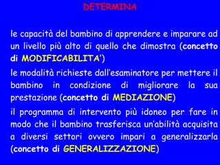 DETERMINA
le capacità del bambino di apprendere e imparare ad
un livello più alto di quello che dimostra (concetto
di MODIFICABILITA’)
le modalità richieste dall’esaminatore per mettere il
bambino in condizione di migliorare la sua
prestazione (concetto di MEDIAZIONE)
il programma di intervento più idoneo per fare in
modo che il bambino trasferisca un’abilità acquisita
a diversi settori ovvero impari a generalizzarla
(concetto di GENERALIZZAZIONE)
 