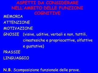 ASPETTI DA CONSIDERARE
NELL’AMBITO DELLE FUNZIONI
COGNITIVE
MEMORIA
ATTENZIONE
MOTIVAZIONE
GNOSIE (visive, uditive, verbali e non, tattili,
cinestesiche e propriocettive, olfattive
e gustative)
PRASSIE
LINGUAGGIO
 
N.B. Scomposizione funzionale delle prove.
 