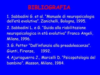 BIBLIOGRAFIA
1. Sabbadini G. et al. “Manuale di neuropsicologia
dell’età evolutiva”. Zanichelli, Bologna, 1995.
  2. Sabbadini L. e G. “Guida alla riabilitazione
neuropsicologica in età evolutiva” Franco Angeli,
Milano, 1996.
3. G. Petter “Dall’infanzia alla preadolescenza”.
Giunti, Firenze, 1992.
4. Ajuriaguerra J., Marcelli D. “Psicopatologia del
bambino”. Masson, Milano, 1984.
 