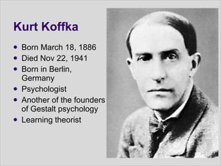 Kurt Koffka Born March 18, 1886  Died Nov 22, 1941  Born in Berlin, Germany Psychologist Another of the founders of Gestalt psychology Learning theorist 