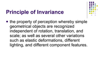 Principle of Invariance the property of perception whereby simple geometrical objects are recognized independent of rotation, translation, and scale; as well as several other variations such as elastic deformations, different lighting, and different component features.  