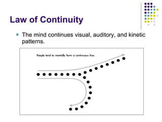 Law of Continuity The mind continues visual, auditory, and kinetic patterns.  
