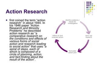 Action Research first coined the term “action research” in about 1944. In his 1946 paper “Action Research and Minority Problems” he described action research as “ a comparative research on the conditions and effects of various forms of social action and research leading to social action ” that uses “ a spiral of steps, each of which is composed of a circle of planning, action, and fact-finding about the result of the action ”.  