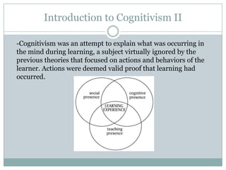 Introduction to Cognitivism II

-Cognitivism was an attempt to explain what was occurring in
the mind during learning, a subject virtually ignored by the
previous theories that focused on actions and behaviors of the
learner. Actions were deemed valid proof that learning had
occurred.
 