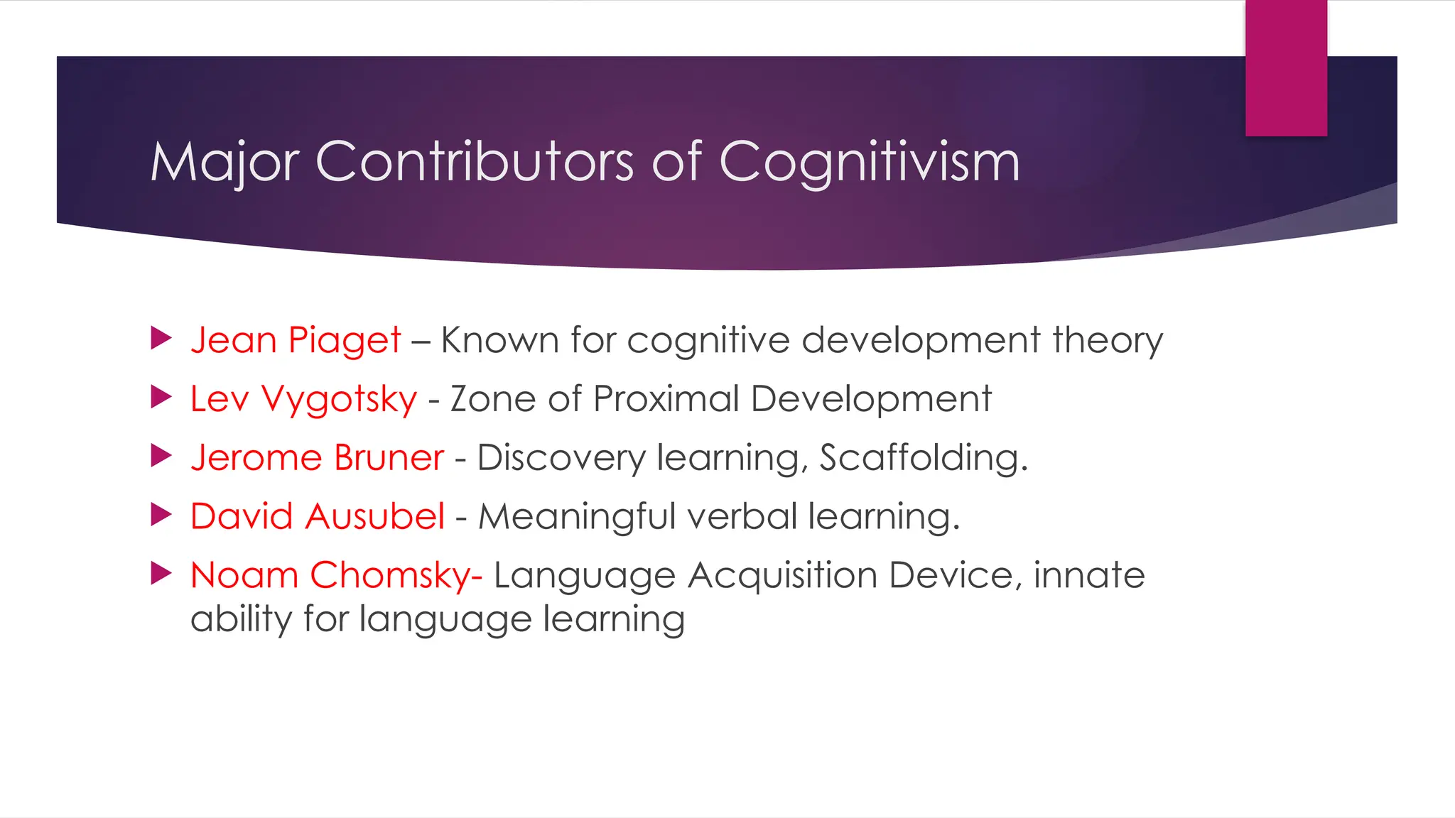 Major Contributors of Cognitivism
 Jean Piaget – Known for cognitive development theory
 Lev Vygotsky - Zone of Proximal Development
 Jerome Bruner - Discovery learning, Scaffolding.
 David Ausubel - Meaningful verbal learning.
 Noam Chomsky- Language Acquisition Device, innate
ability for language learning
 
