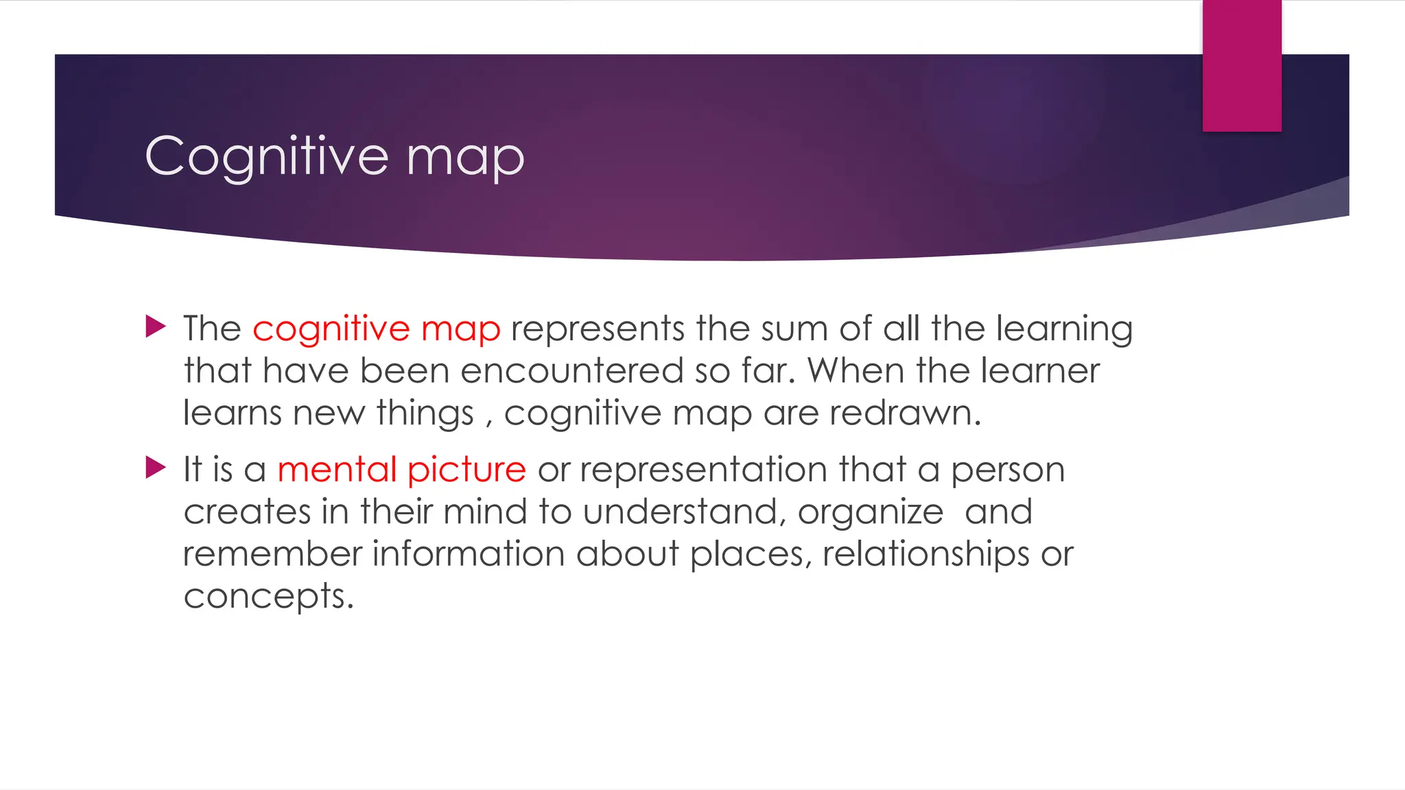 Cognitive map
 The cognitive map represents the sum of all the learning
that have been encountered so far. When the learner
learns new things , cognitive map are redrawn.
 It is a mental picture or representation that a person
creates in their mind to understand, organize and
remember information about places, relationships or
concepts.
 