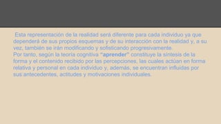 Esta representación de la realidad será diferente para cada individuo ya que 
dependerá de sus propios esquemas y de su interacción con la realidad y, a su 
vez, también se irán modificando y sofisticando progresivamente. 
Por tanto, según la teoría cognitiva “aprender” constituye la síntesis de la 
forma y el contenido recibido por las percepciones, las cuales actúan en forma 
relativa y personal en cada individuo y, además, se encuentran influidas por 
su﻿s antecedentes, actitudes y motivaciones individuales. 
 