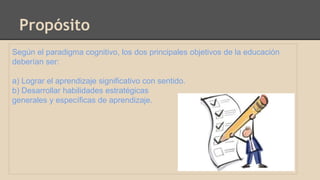 Propósito 
Según el paradigma cognitivo, los dos principales objetivos de la educación 
deberían ser: 
a) Lograr el aprendizaje significativo con sentido. 
b) Desarrollar habilidades estratégicas 
generales y específicas de aprendizaje. 
 
