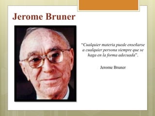 Jerome Bruner
“Cualquier materia puede enseñarse
a cualquier persona siempre que se
haga en la forma adecuada”.
Jerome Bruner
 
