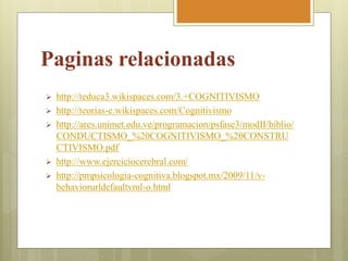 Paginas relacionadas
 http://teduca3.wikispaces.com/3.+COGNITIVISMO
 http://teorias-e.wikispaces.com/Cognitivismo
 http://ares.unimet.edu.ve/programacion/psfase3/modII/biblio/
CONDUCTISMO_%20COGNITIVISMO_%20CONSTRU
CTIVISMO.pdf
 http://www.ejerciciocerebral.com/
 http://pmpsicologia-cognitiva.blogspot.mx/2009/11/v-
behaviorurldefaultvml-o.html
 