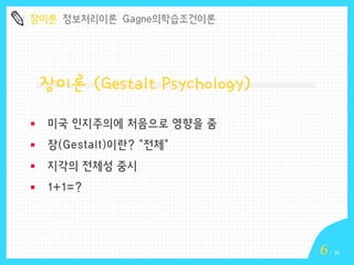 장이론 정보처리이론 Gagne의학습조건이론

장이론 (Gestalt Psychology)


미국 인지주의에 처음으로 영향을 줌



장(Gestalt)이란? “전체”



지각의 전체성 중시



1+1=?

6

/ 16

 