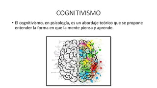 COGNITIVISMO
• El cognitivismo, en psicología, es un abordaje teórico que se propone
entender la forma en que la mente piensa y aprende.
 