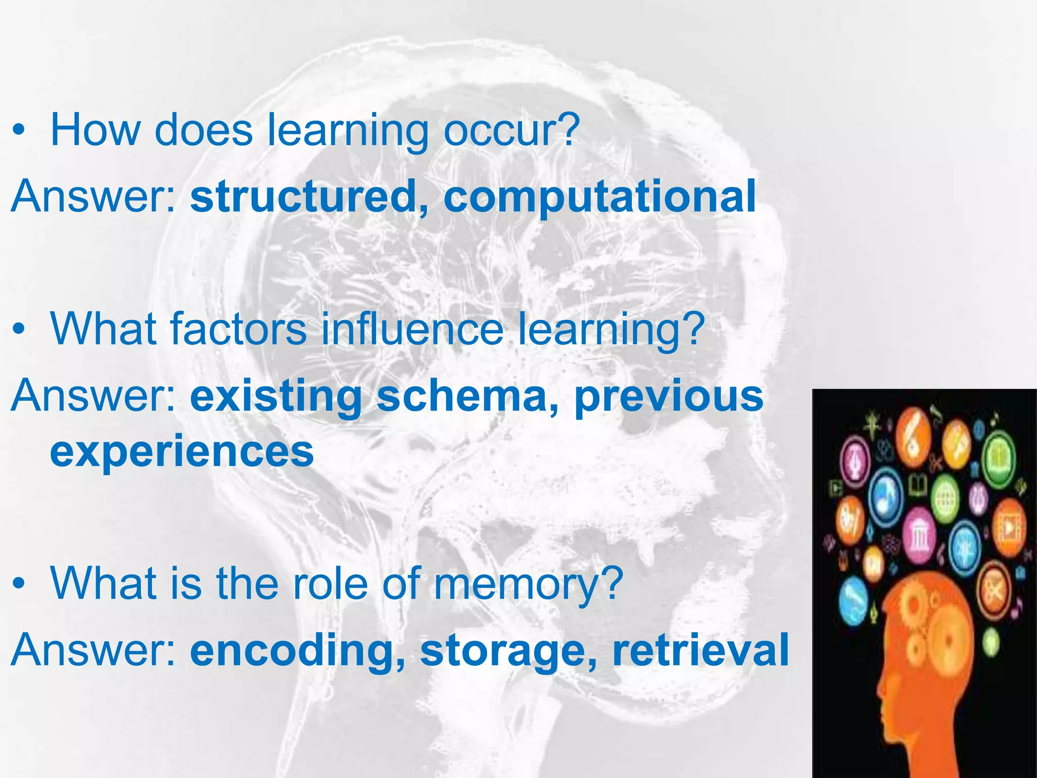 • How does learning occur?
Answer: structured, computational
• What factors influence learning?
Answer: existing schema, previous
experiences
• What is the role of memory?
Answer: encoding, storage, retrieval