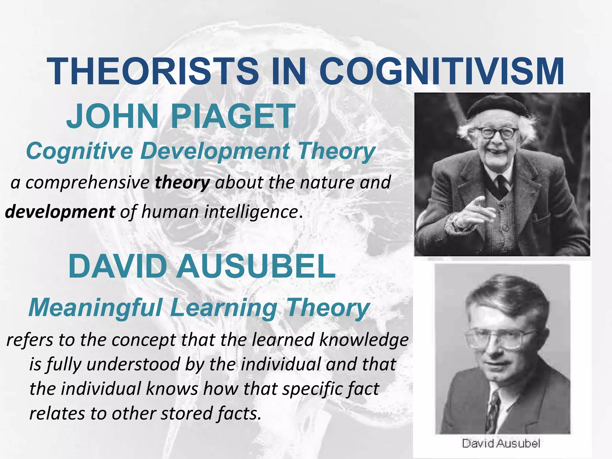 THEORISTS IN COGNITIVISM
JOHN PIAGET
Cognitive Development Theory
a comprehensive theory about the nature and
development of human intelligence.
DAVID AUSUBEL
Meaningful Learning Theory
refers to the concept that the learned knowledge
is fully understood by the individual and that
the individual knows how that specific fact
relates to other stored facts.