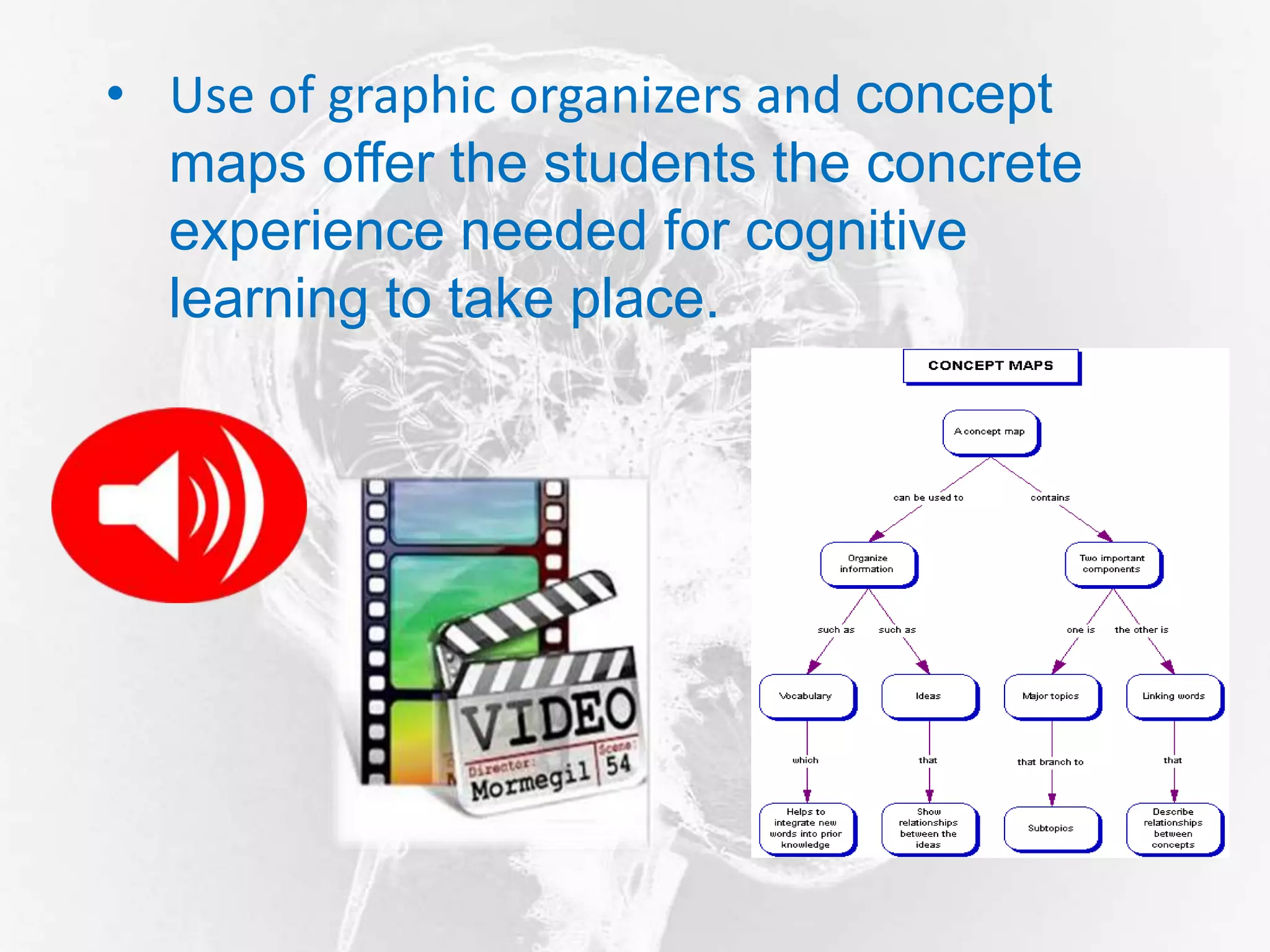 • Use of graphic organizers and concept
maps offer the students the concrete
experience needed for cognitive
learning to take place.