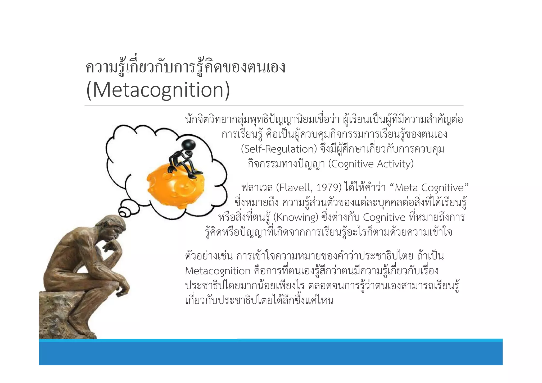 ความรู้เกียวกับการรู้คิดของตนเอง
(Metacognition)
นักจิตวิทยากลุมพุทธิปญญานิยมเชื่อวา ผูเรียนเปนผูที่มีความสําคัญตอ
การเรียนรู คือเปนผูควบคุมกิจกรรมการเรียนรูของตนเอง
(Self-Regulation) จึงมีผูศึกษาเกี่ยวกับการควบคุม
กิจกรรมทางปญญา (Cognitive Activity)
ฟลาเวล (Flavell, 1979) ไดใหคําวา “Meta Cognitive”ฟลาเวล (Flavell, 1979) ไดใหคําวา “Meta Cognitive”
ซึ่งหมายถึง ความรูสวนตัวของแตละบุคคลตอสิ่งที่ไดเรียนรู
หรือสิ่งที่ตนรู (Knowing) ซึ่งตางกับ Cognitive ที่หมายถึงการ
รูคิดหรือปญญาที่เกิดจากการเรียนรูอะไรก็ตามดวยความเขาใจ
ตัวอยางเชน การเขาใจความหมายของคําวาประชาธิปไตย ถาเปน
Metacognition คือการที่ตนเองรูสึกวาตนมีความรูเกี่ยวกับเรื่อง
ประชาธิปไตยมากนอยเพียงไร ตลอดจนการรูวาตนเองสามารถเรียนรู
เกี่ยวกับประชาธิปไตยไดลึกซึ้งแคไหน
 