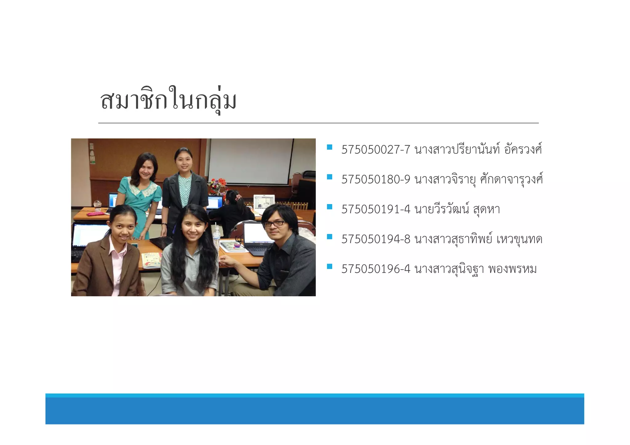 สมาชิกในกลุ่ม
 575050027-7 นางสาวปรียานันท อัครวงศ
 575050180-9 นางสาวจิรายุ ศักดาจารุวงศ
 575050191-4 นายวีรวัฒน สุดหา
 575050194-8 นางสาวสุธาทิพย เหวขุนทด
 575050196-4 นางสาวสุนิจฐา พองพรหม
 