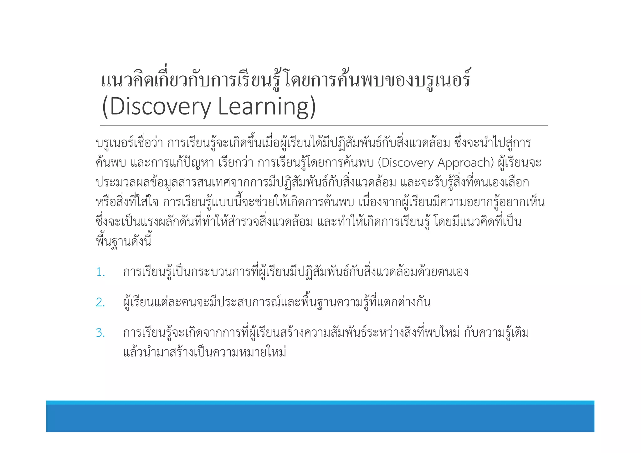 บรูเนอรเชื่อวา การเรียนรูจะเกิดขึ้นเมื่อผูเรียนไดมีปฏิสัมพันธกับสิ่งแวดลอม ซึ่งจะนําไปสูการ
คนพบ และการแกปญหา เรียกวา การเรียนรูโดยการคนพบ (Discovery Approach) ผูเรียนจะ
ประมวลผลขอมูลสารสนเทศจากการมีปฏิสัมพันธกับสิ่งแวดลอม และจะรับรูสิ่งที่ตนเองเลือก
หรือสิ่งที่ใสใจ การเรียนรูแบบนี้จะชวยใหเกิดการคนพบ เนื่องจากผูเรียนมีความอยากรูอยากเห็น
ซึ่งจะเปนแรงผลักดันที่ทําใหสํารวจสิ่งแวดลอม และทําใหเกิดการเรียนรู โดยมีแนวคิดที่เปน
แนวคิดเกียวกับการเรียนรู้โดยการค้นพบของบรูเนอร์
(Discovery Learning)
ซึ่งจะเปนแรงผลักดันที่ทําใหสํารวจสิ่งแวดลอม และทําใหเกิดการเรียนรู โดยมีแนวคิดที่เปน
พื้นฐานดังนี้
1. การเรียนรูเปนกระบวนการที่ผูเรียนมีปฏิสัมพันธกับสิ่งแวดลอมดวยตนเอง
2. ผูเรียนแตละคนจะมีประสบการณและพื้นฐานความรูที่แตกตางกัน
3. การเรียนรูจะเกิดจากการที่ผูเรียนสรางความสัมพันธระหวางสิ่งที่พบใหม กับความรูเดิม
แลวนํามาสรางเปนความหมายใหม
 