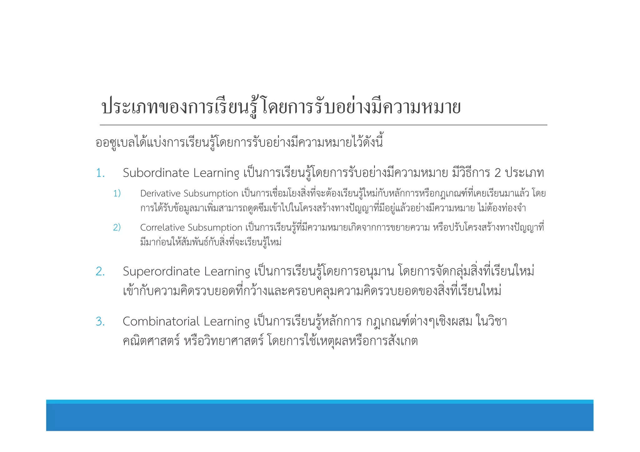 ออซูเบลไดแบงการเรียนรูโดยการรับอยางมีความหมายไวดังนี้
1. Subordinate Learning เปนการเรียนรูโดยการรับอยางมีความหมาย มีวิธีการ 2 ประเภท
1) Derivative Subsumption เปนการเชื่อมโยงสิ่งที่จะตองเรียนรูใหมกับหลักการหรือกฎเกณฑที่เคยเรียนมาแลว โดย
การไดรับขอมูลมาเพิ่มสามารถดูดซึมเขาไปในโครงสรางทางปญญาที่มีอยูแลวอยางมีความหมาย ไมตองทองจํา
2) Correlative Subsumption เปนการเรียนรูที่มีความหมายเกิดจากการขยายความ หรือปรับโครงสรางทางปญญาที่
ประเภทของการเรียนรู้โดยการรับอย่างมีความหมาย
2) Correlative Subsumption เปนการเรียนรูที่มีความหมายเกิดจากการขยายความ หรือปรับโครงสรางทางปญญาที่
มีมากอนใหสัมพันธกับสิ่งที่จะเรียนรูใหม
2. Superordinate Learning เปนการเรียนรูโดยการอนุมาน โดยการจัดกลุมสิ่งที่เรียนใหม
เขากับความคิดรวบยอดที่กวางและครอบคลุมความคิดรวบยอดของสิ่งที่เรียนใหม
3. Combinatorial Learning เปนการเรียนรูหลักการ กฎเกณฑตางๆเชิงผสม ในวิชา
คณิตศาสตร หรือวิทยาศาสตร โดยการใชเหตุผลหรือการสังเกต
 