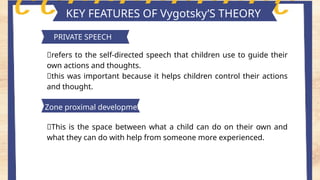 Key features of piaget's theory
KEY FEATURES OF Vygotsky’S THEORY
PRIVATE SPEECH
📍refers to the self-directed speech that children use to guide their
own actions and thoughts.
📍this was important because it helps children control their actions
and thought.
Zone proximal development
📍This is the space between what a child can do on their own and
what they can do with help from someone more experienced.
 