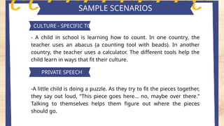 Key features of piaget's theory
SAMPLE SCENARIOS
CULTURE - SPECIFIC TOOLS
- A child in school is learning how to count. In one country, the
teacher uses an abacus (a counting tool with beads). In another
country, the teacher uses a calculator. The different tools help the
child learn in ways that fit their culture.
PrIVATE SPEECH
-A little child is doing a puzzle. As they try to fit the pieces together,
they say out loud, “This piece goes here… no, maybe over there.”
Talking to themselves helps them figure out where the pieces
should go.
PRIVATE SPEECH
 