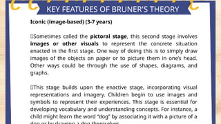 Key features of piaget's theory
KEY FEATURES OF BRUNER'S THEORY
Iconic (image-based) (3-7 years)
📍Sometimes called the pictoral stage, this second stage involves
images or other visuals to represent the concrete situation
enacted in the first stage. One way of doing this is to simply draw
images of the objects on paper or to picture them in one’s head.
Other ways could be through the use of shapes, diagrams, and
graphs.
📍This stage builds upon the enactive stage, incorporating visual
representations and imagery. Children begin to use images and
symbols to represent their experiences. This stage is essential for
developing vocabulary and understanding concepts. For instance, a
child might learn the word “dog” by associating it with a picture of a
 