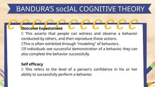 h
BANDURA’S socIAL COGNITIVE THEORY
Outcome Expectations
📍 This asserts that people can witness and observe a behavior
conducted by others, and then reproduce those actions.
📍This is often exhibited through "modeling" of behaviors.
📍If individuals see successful demonstration of a behavior, they can
also complete the behavior successfully
Self efficacy
📍 This refers to the level of a person's confidence in his or her
ability to successfully perform a behavior.
 