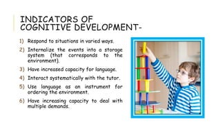 INDICATORS OF
COGNITIVE DEVELOPMENT-
1) Respond to situations in varied ways.
2) Internalize the events into a storage
system (that corresponds to the
environment).
3) Have increased capacity for language.
4) Interact systematically with the tutor.
5) Use language as an instrument for
ordering the environment.
6) Have increasing capacity to deal with
multiple demands.
 