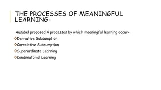 THE PROCESSES OF MEANINGFUL
LEARNING-
Ausubel proposed 4 processes by which meaningful learning occur-
◊Derivative Subsumption
◊Correlative Subsumption
◊Superordinate Learning
◊Combinatorial Learning
 