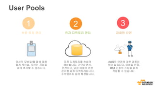 User Pools
당신의 모바일/웹 앱에 대해
쉽게 사인업, 사인인 기능을
쉽게 추가할 수 있습니다.
쉬운 유저 관리
AWS의 안전에 대한 경험이
녹아 있습니다. 이메일 인증,
MFA 인증의 기능을 쉽게
적용할 수 있습니다.
강화된 안전
유저 디레토리를 손쉽게
생성합니다. 간단하면서,
안전하고, 낮은 비용의 완전
관리형 유저 디렉토리입니다.
수억명까지 쉽게 확장됩니다.
유저 디렉토리 관리
 