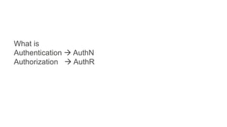 What is
Authentication à AuthN
Authorization à AuthR
 