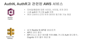 AuthN, AuthR과 관련된 AWS 서비스
• 모바일/웹앱에 대한 사인인, 사인업, 유저 관리
• 소셜 auth와 커스텀 auth 지원
• 여러 디바이스간의 유저 데이터 동기화 기능 제공
• 쉽게 Restful 웹 API를 생성/조작
• API의 관리 용이
• API 리소스 접근 제어를 위해 IAM, 커스텀 Auth 람다함수,
Cognito 유저 풀이 제공 됨
Amazon
Cognito
Amazon API
Gateway
 