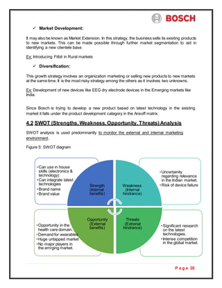 P a g e 20
 Market Development:
It may also be known as Market Extension. In this strategy, the business sells its existing products
to new markets. This can be made possible through further market segmentation to aid in
identifying a new clientele base.
Ex: Introducing Fitbit in Rural markets
 Diversification:
This growth strategy involves an organization marketing or selling new products to new markets
at the same time. It is the most risky strategy among the others as it involves two unknowns.
Ex: Development of new devices like EEG dry electrode devices in the Emerging markets like
India.
Since Bosch is trying to develop a new product based on latest technology in the existing
market it falls under the product development category in the Ansoff matrix.
4.2 SWOT (Strengths, Weakness, Opportunity, Threats)Analysis
SWOT analysis is used predominantly to monitor the external and internal marketing
environment.
Figure 5: SWOT diagram
Opportunity in the
health care domain.
Demand for wearables
Huge untapped market
No major players in
the emrging market.
Opportunity
(External
benefits)
Threats
(Extrenal
hindrance) Significant research
on the latest
technologies.
Intense competition
in the global market.
Can use in house
skills (electronics &
technology)
Can integrate latest
technologies
Brand name
Brand value
Strength
(Internal
benefits)
Weakness
(Internal
hindrance)
Uncertainity
regarding relevance
in the Indian market.
Risk of device failure
 