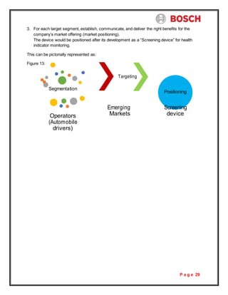 P a g e 29
3. For each target segment, establish, communicate, and deliver the right benefits for the
company’s market offering (market positioning).
The device would be positioned after its development as a “Screening device” for health
indicator monitoring.
This can be pictorially represented as:
Figure 13:
Segmentation
Operators
(Automobile
drivers)
Targeting
Emerging
Markets
Positioning
Screening
device
 
