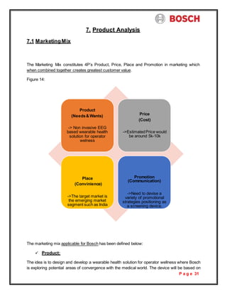 P a g e 31
7.1 MarketingMix
7. Product Analysis
The Marketing Mix constitutes 4P’s Product, Price, Place and Promotion in marketing which
when combined together creates greatest customer value.
Figure 14:
Product
(Needs&Wants)
-> Non invasive EEG
based wearable health
solution for operator
welness
Price
(Cost)
->EstimatedPrice would
be around 5k-10k
Place
(Convinience)
->The target market is
the emerging market
segment such as India
Promotion
(Communication)
->Need to devise a
variety of promotional
strategies positioning as
a screening device.
The marketing mix applicable for Bosch has been defined below:
 Product:
The idea is to design and develop a wearable health solution for operator wellness where Bosch
is exploring potential areas of convergence with the medical world. The device will be based on
 