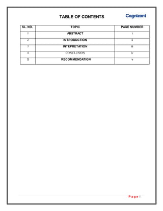 P a g e i
TABLE OF CONTENTS
SL. NO. TOPIC PAGE NUMBER
1 ABSTRACT i
2 INTRODUCTION ii
3 INTEPRETATION iii
4 CONCLUSION iv
5 RECOMMENDATION v
 