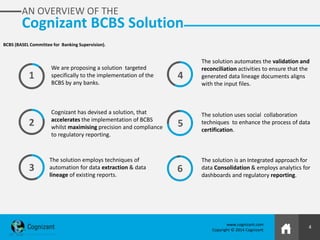 4
www.cognizant.com
Copyright © 2014 Cognizant
AN OVERVIEW OF THE
Cognizant BCBS Solution
The solution is an Integrated approach for
data Consolidation & employs analytics for
dashboards and regulatory reporting.
We are proposing a solution targeted
specifically to the implementation of the
BCBS by any banks.
Cognizant has devised a solution, that
accelerates the implementation of BCBS
whilst maximising precision and compliance
to regulatory reporting.
The solution employs techniques of
automation for data extraction & data
lineage of existing reports.
The solution uses social collaboration
techniques to enhance the process of data
certification.
1
2
3
4
5
6
BCBS (BASEL Committee for Banking Supervision).
The solution automates the validation and
reconciliation activities to ensure that the
generated data lineage documents aligns
with the input files.
 