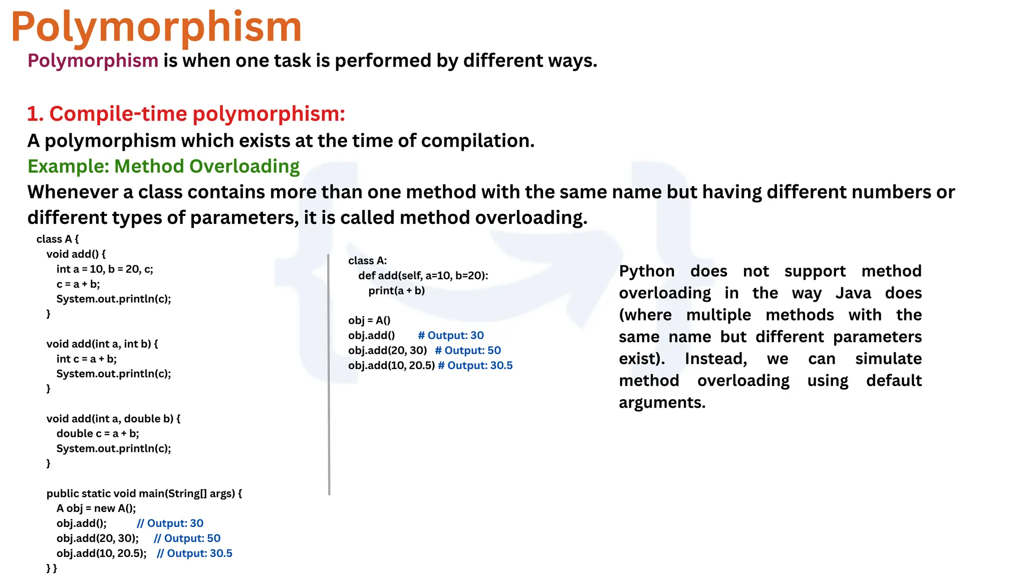 Polymorphism is when one task is performed by different ways.
1. Compile-time polymorphism:
A polymorphism which exists at the time of compilation.
Example: Method Overloading
Whenever a class contains more than one method with the same name but having different numbers or
different types of parameters, it is called method overloading.
Polymorphism
class A {
void add() {
int a = 10, b = 20, c;
c = a + b;
System.out.println(c);
}
void add(int a, int b) {
int c = a + b;
System.out.println(c);
}
void add(int a, double b) {
double c = a + b;
System.out.println(c);
}
public static void main(String[] args) {
A obj = new A();
obj.add(); // Output: 30
obj.add(20, 30); // Output: 50
obj.add(10, 20.5); // Output: 30.5
} }
class A:
def add(self, a=10, b=20):
print(a + b)
obj = A()
obj.add() # Output: 30
obj.add(20, 30) # Output: 50
obj.add(10, 20.5) # Output: 30.5
Python does not support method
overloading in the way Java does
(where multiple methods with the
same name but different parameters
exist). Instead, we can simulate
method overloading using default
arguments.
 