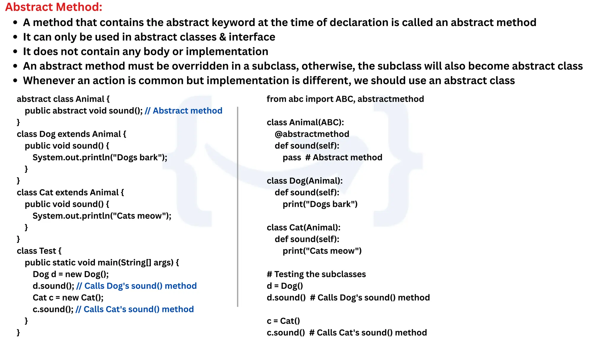 Abstract Method:
A method that contains the abstract keyword at the time of declaration is called an abstract method
It can only be used in abstract classes & interface
It does not contain any body or implementation
An abstract method must be overridden in a subclass, otherwise, the subclass will also become abstract class
Whenever an action is common but implementation is different, we should use an abstract class
abstract class Animal {
public abstract void sound(); // Abstract method
}
class Dog extends Animal {
public void sound() {
System.out.println("Dogs bark");
}
}
class Cat extends Animal {
public void sound() {
System.out.println("Cats meow");
}
}
class Test {
public static void main(String[] args) {
Dog d = new Dog();
d.sound(); // Calls Dog's sound() method
Cat c = new Cat();
c.sound(); // Calls Cat's sound() method
}
}
from abc import ABC, abstractmethod
class Animal(ABC):
@abstractmethod
def sound(self):
pass # Abstract method
class Dog(Animal):
def sound(self):
print("Dogs bark")
class Cat(Animal):
def sound(self):
print("Cats meow")
# Testing the subclasses
d = Dog()
d.sound() # Calls Dog's sound() method
c = Cat()
c.sound() # Calls Cat's sound() method
 
