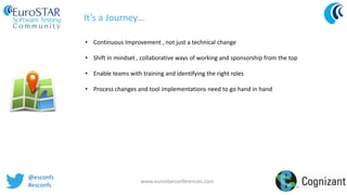 @esconfs
#esconfs
www.eurostarconferences.com
It’s a Journey…
• Continuous Improvement , not just a technical change
• Shift in mindset , collaborative ways of working and sponsorship from the top
• Enable teams with training and identifying the right roles
• Process changes and tool implementations need to go hand in hand
 