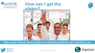 How can I get the
slides?
www.eurostarconferences.com
Slides and all materials will be posted on the EuroSTAR website as well as emailed to you.
@esconfs
#esconfs
 