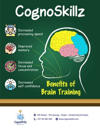  
CognoSkillz
Beneﬁts of
Brain Training
Increased
processing speed
Improved
memory
Increased
focus and
concentration
Increased
self conﬁdence
 